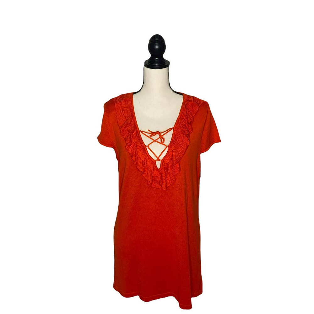 NEW Knit‎ Top Womens Large Population Red Ruffle Tie V Neck Cap Sleeve Cotton
